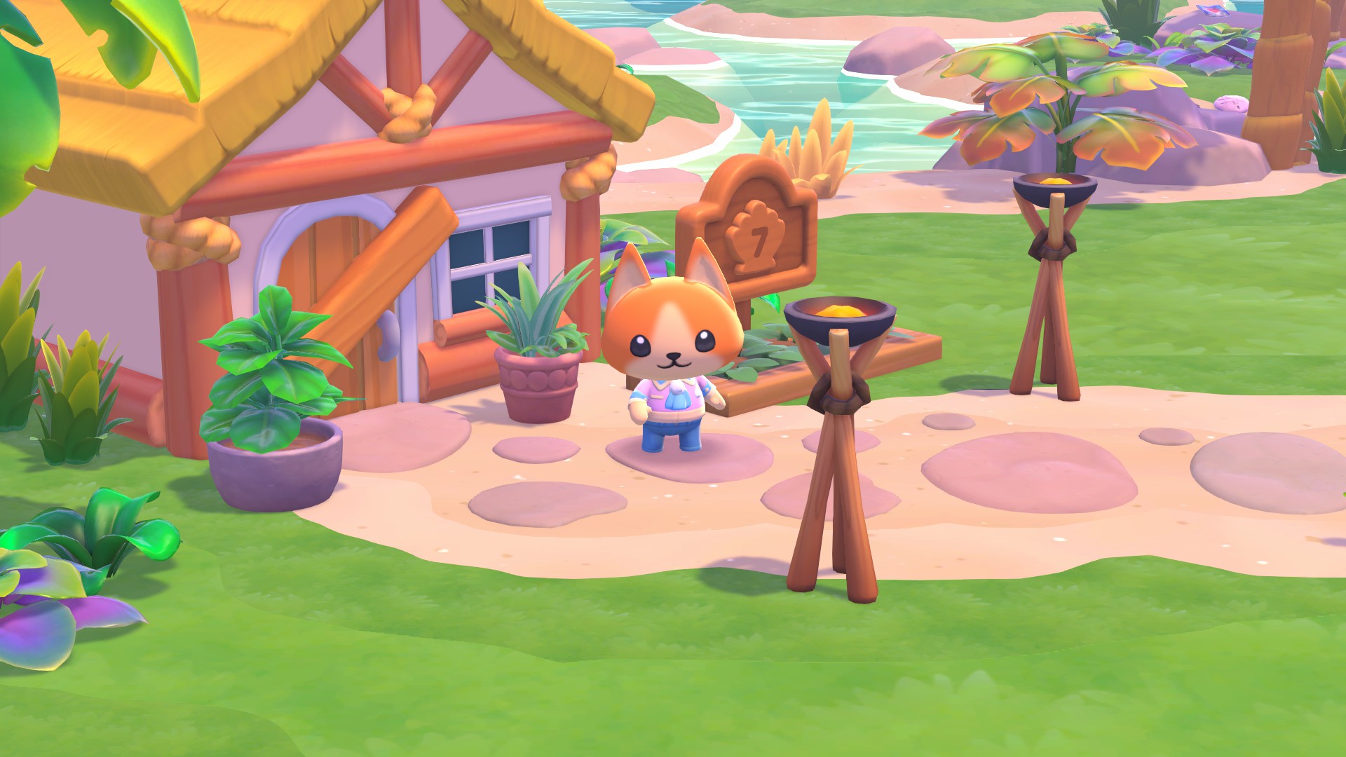 Character standing outside of seaside cabin.