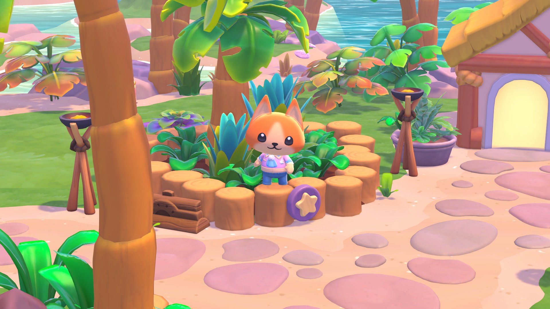 Character standing outside of seaside cabin.