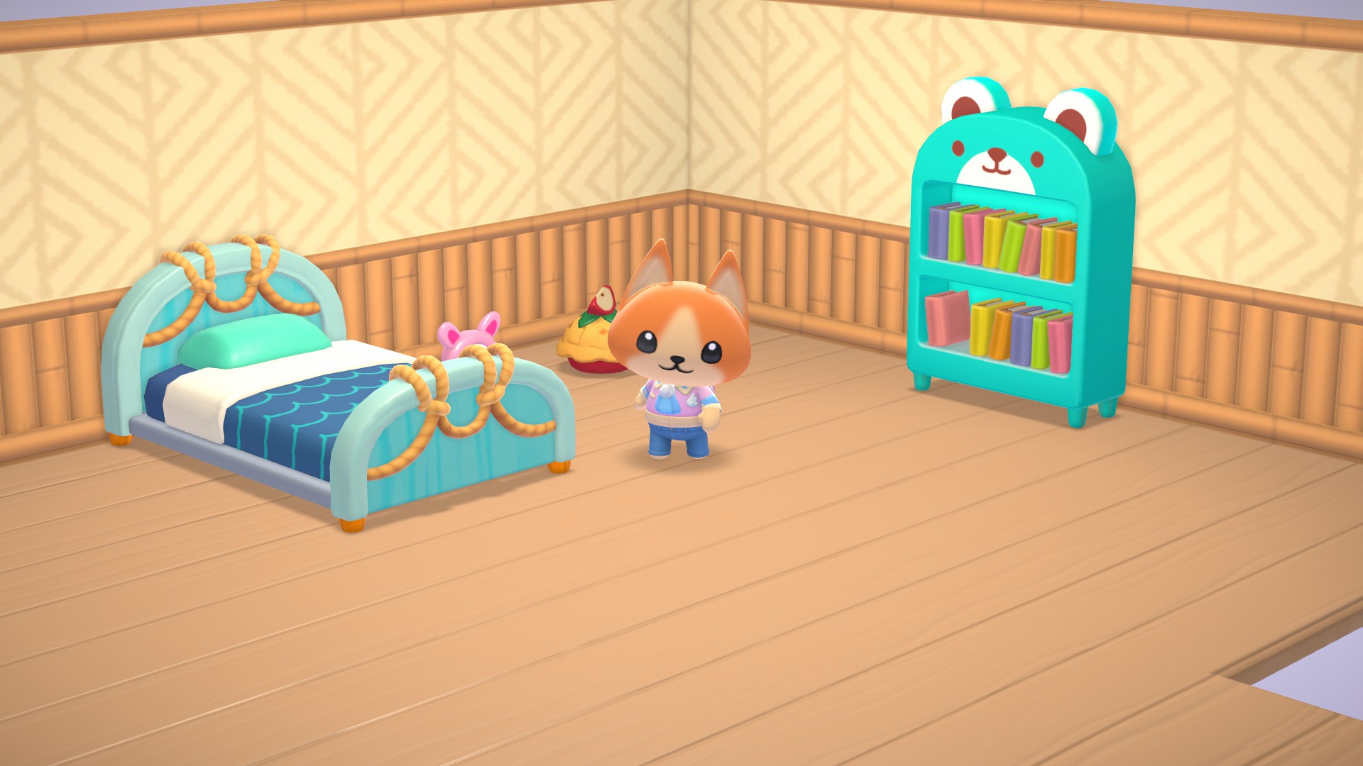 Character standing inside bedroom at seaside cabin.